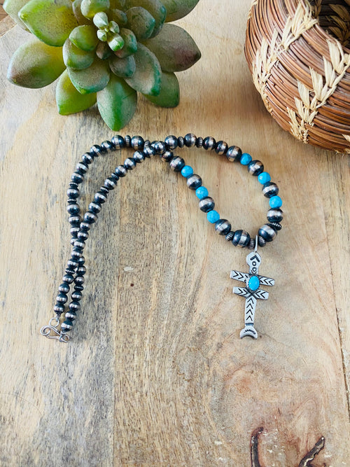 Navajo Pearls & Turquoise Cross Necklace