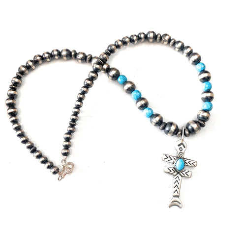 Navajo Pearls & Turquoise Cross Necklace