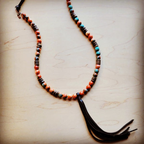 Beaded Necklace with Leather Tassel