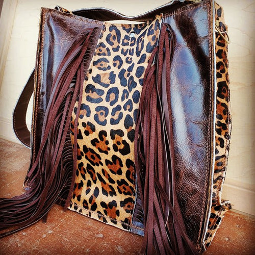 Leather Handbag with Leopard Accents