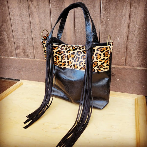 Leather Bucket Handbag with Leopard Accent