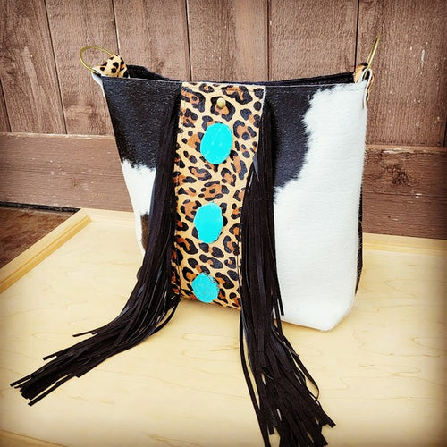 Leather Handbag with Leopard & Turquoise